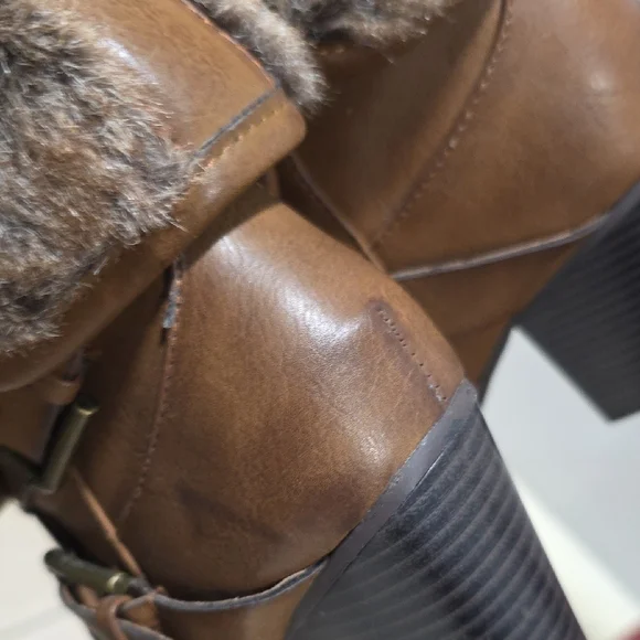 JustFab McKinley Brown Block 3 Inch Heel Boots with Faux Fur Cuff - Picture 15 of 15